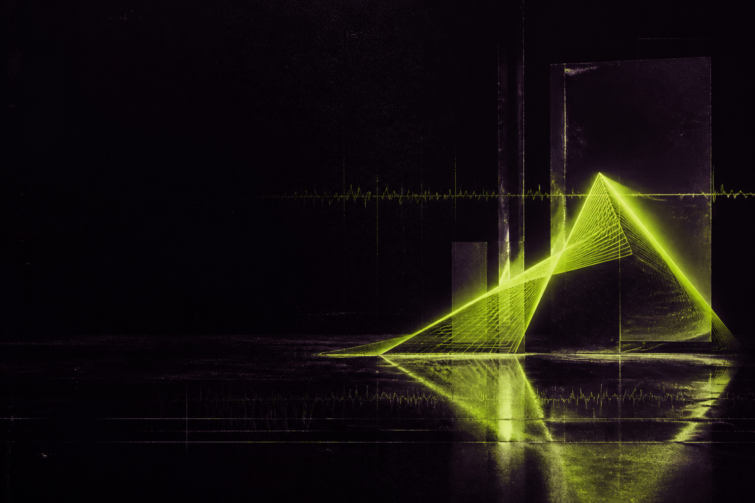 Abstract acid-green waveform crossing a dark analog space